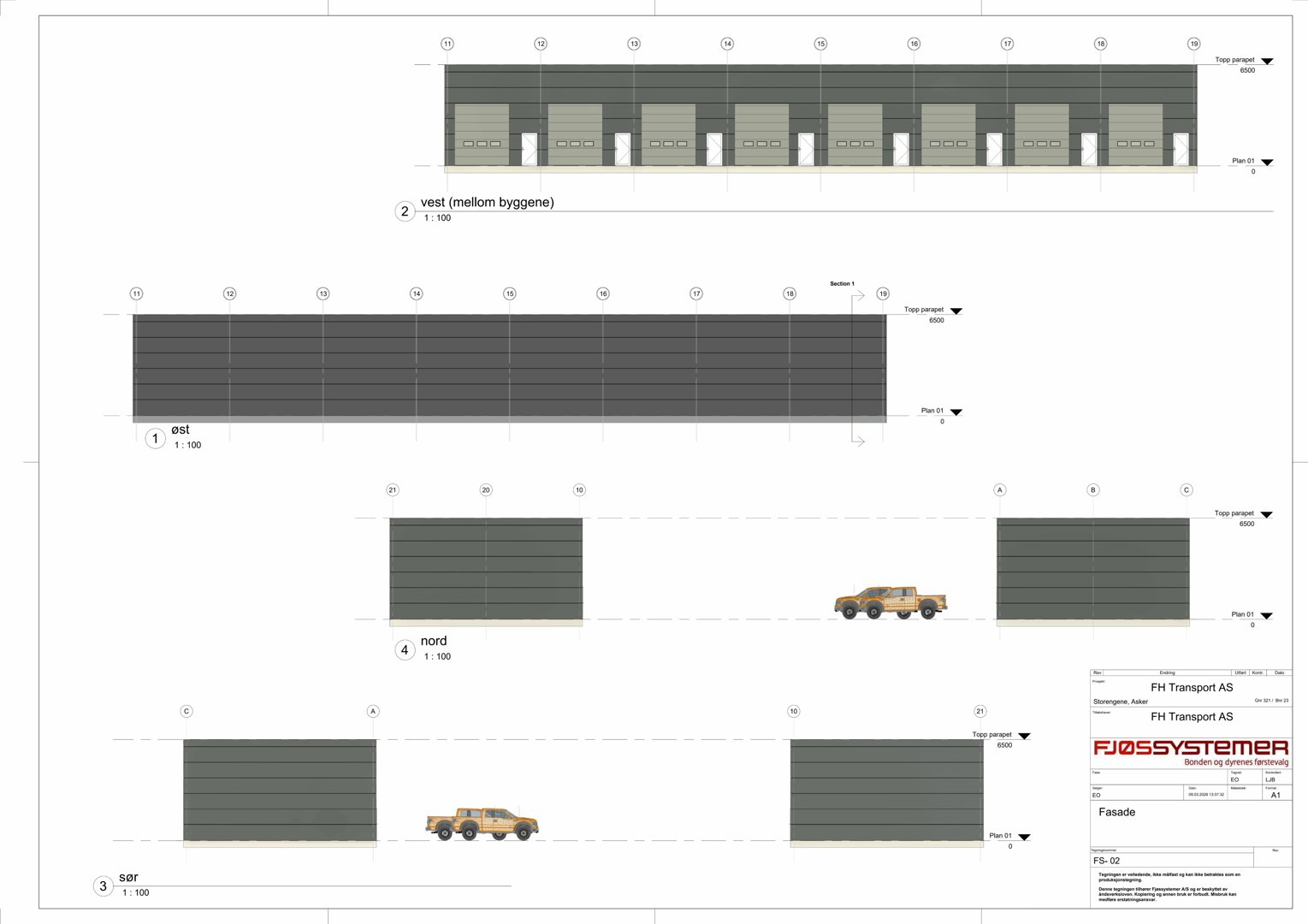 Fasadetegning som viser bygningens utseende fra fire sider (øst, vest, nord, sør) med skaleringsangivelse 1:100.