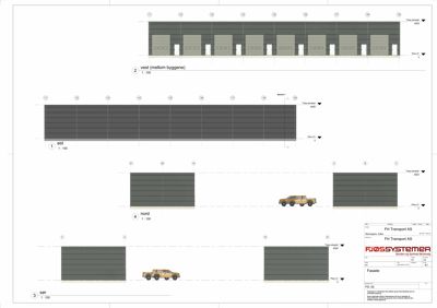 Fasadetegning som viser bygningens utseende fra fire sider (øst, vest, nord, sør) med skaleringsangivelse 1:100.
