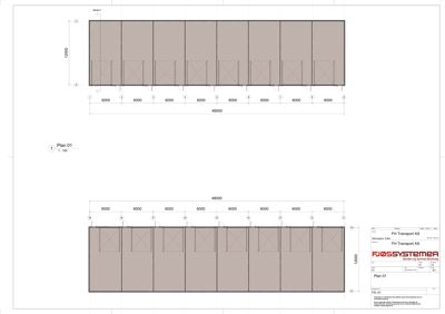 Etasjeplan (Plan 01) som viser romfordeling og mål for en bygning.