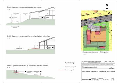 Dette bildet viser en situasjonsplan med snittangivelse (A-A, B-B, C-C) som illustrerer terrengforhold, eksisterende og planlagt terrengprofil, samt plassering av bygninger i forhold til kjøreareal og garasje.