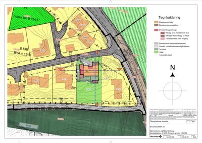 Situasjonsplan som viser tomtens beliggenhet, nabolag, veier, høydeforhold og planlagt tiltak.