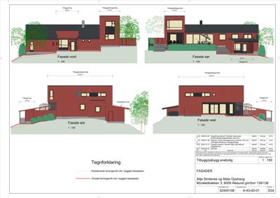 Fasadetegning som viser oppriss av bygningens fire sider (nord, sør, øst, vest) med mål og terrengprofil.