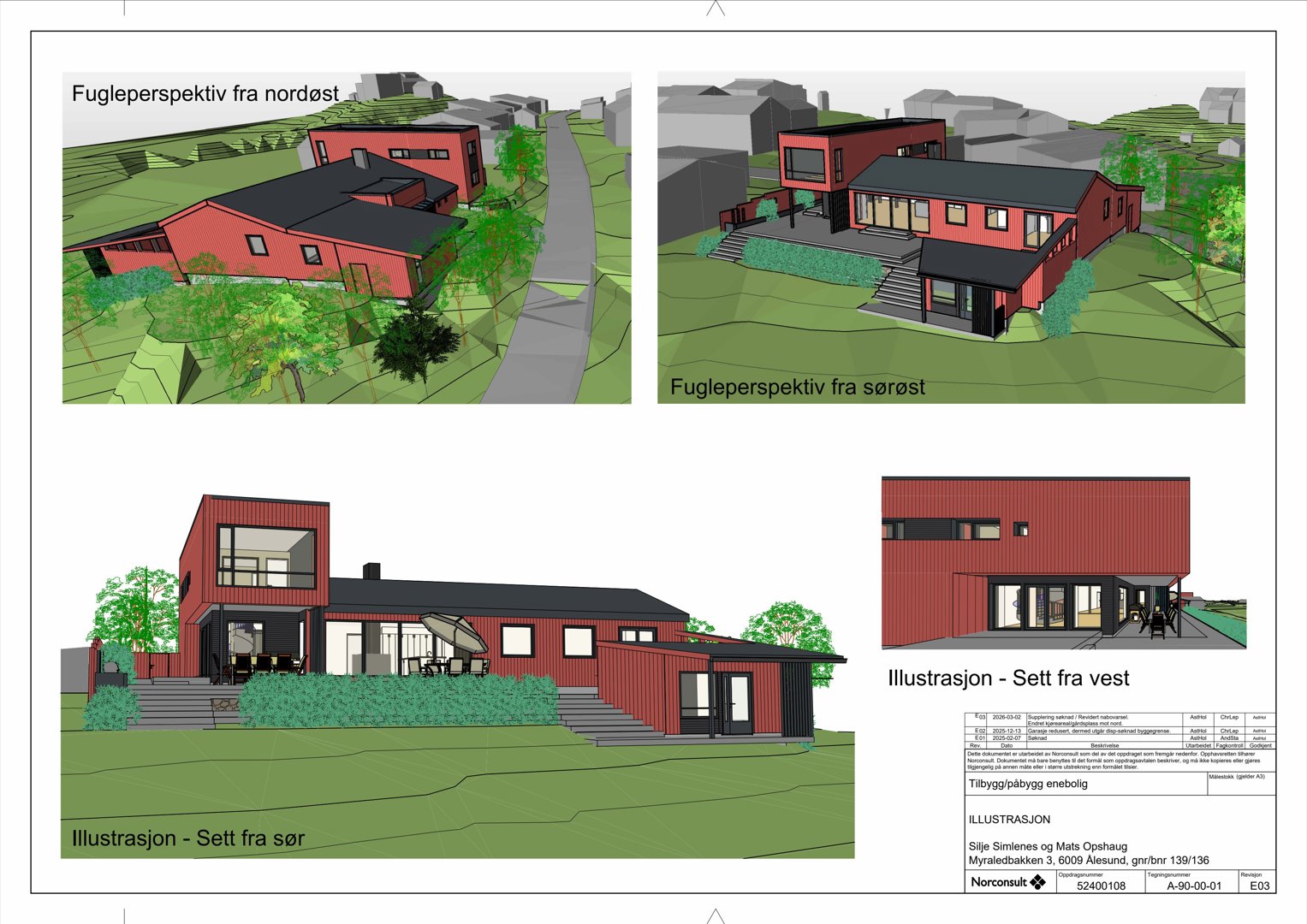 Bildet viser 3D-visualiseringer (renderinger) av en planlagt bygning fra ulike vinkler (fugleperspektiv og fasade), inkludert tekst som bekrefter at det er illustrasjoner.