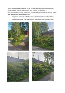 Fotografier av eiendom og garasje med tekstbeskrivelse om nabovarsling og oppmåling.