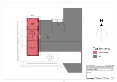 Etasjeplan (PLAN 02) som viser romfordeling, arealer og plassering av et tilbygg på en eksisterende bygning.