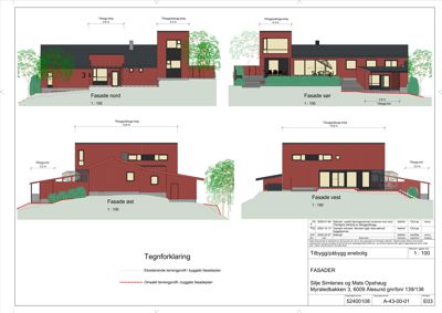 Fasadetegning som viser bygningens utseende fra fire sider (nord, sør, øst, vest) med mål og terrengforhold.