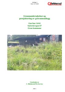 Fotografi av en eksisterende hytte med overvokst hage, som er inkludert i en rapport om grunnundersøkelser.