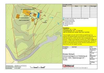 Situasjonsplan for et grøvannsanlegg som viser plassering av borehull, pumpekum, infiltrasjonsrør og strømledninger i forhold til terrenget.