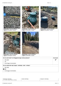 Et dokument som inneholder flere fotografier av en anleggsarbeidsplass (utvendig VA), inkludert grøfting, rør og tankanlegg.