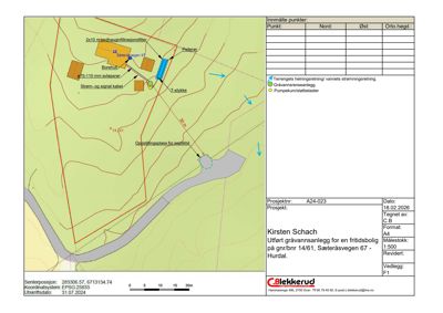 Situasjonsplan som viser plassering av gråvannsanlegg (filter, pumpe, rør) i forhold til terreng og eksisterende infrastruktur.