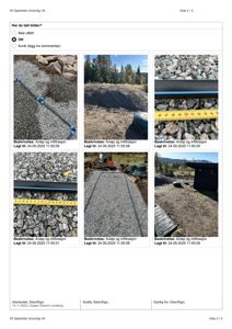 En samling av seks fotografier som dokumenterer utførelsen av en avløps- og infiltrasjonssystem (grøft med rørgrener og grus).