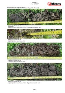 Fotografier av fire prøvehull med målebånd og beskrivelse av jordlagdeling (torv/humus, morenejord, fjell).