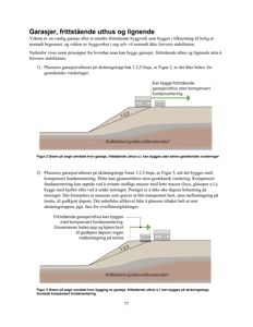 Teknisk tegning som illustrerer prinsipper for bygging av garasjer og uthus på skråningstopp, med fokus på fundamentering og geotekniske vurderinger.
