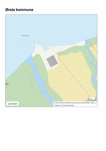 Kart over Ørsta kommune som viser topografi, vannveier og en bygning ved Kvønnaneset.