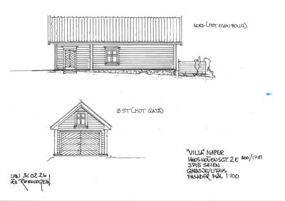 Tegning som viser fasadeopprikk for et hus (Nord og Øst) med håndskrevne notater om adresse, dato og målestokk.