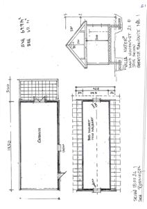 Fasadetegning som viser oppriss av en bygning (Villa Nøstet) sett fra siden, med mål og konstruksjonsdetaljer.