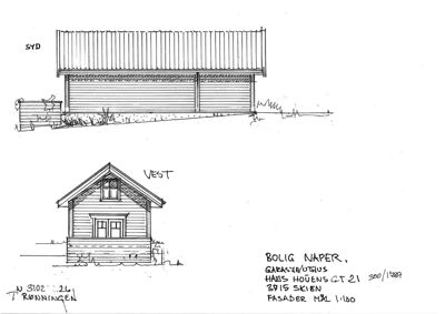 Fasadetegning som viser bygningens utseende sett fra syd og vest.