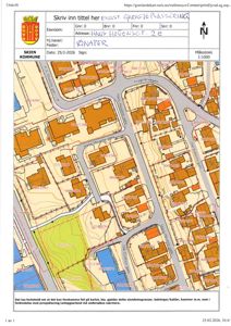 Situasjonsplan (tomtekart) som viser eiendomsgranser, naboeiendommer, veier og topografi for eiendommen Hans Houensgt. 2 E i Skien kommune.