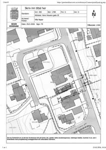 Situasjonsplan som viser eiendomsgrenser, bygninger, veier og topografi for Villa Naper i Hans Houens gate 2E.