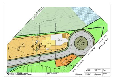 Situasjonsplan som viser tomtens form, areal (1136 m²), bygningens plassering (BYA 173,1 m²), tun (235,9 m²), vei (ASB 261 m²), og terrengforhold med konturlinjer.