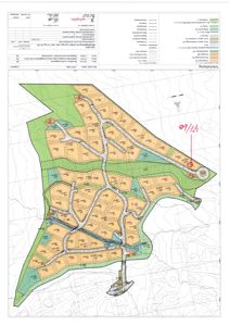 Situasjonsplan som viser tomtedeling, veioppsett og arealbruk for et boligfelt.