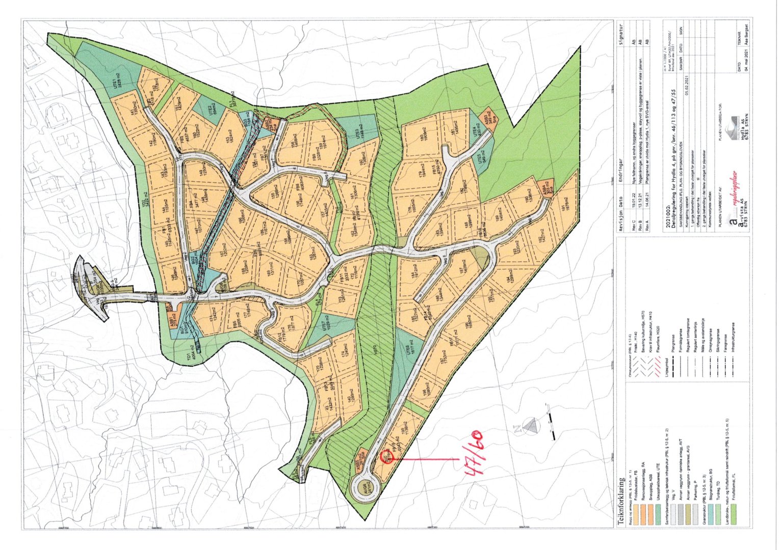 Situasjonsplan som viser tomtedeling, veioppdeling og arealbruk for et boligfelt.