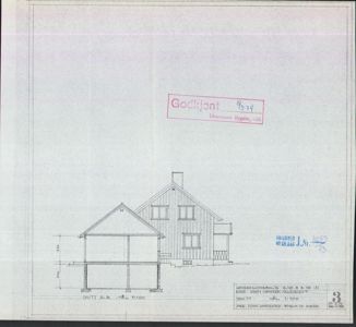 Snittegning av en bygning, som viser tverrsnittet og konstruksjonen.