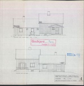 Fasadetegning av en bygning sett fra to ulike vinkler (mot nord-vest og mot syd-øst).