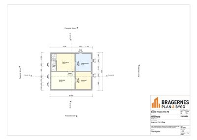 Etasjeplan for kjelleretasje som viser romfordeling (køkken, stue, soverom, bad) og dimensjoner.