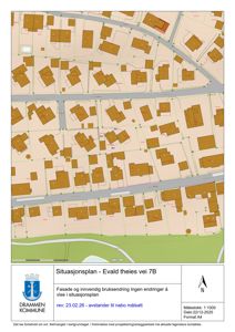 Situasjonsplan som viser tomt, nabobebyggelse og avstander for prosjektet på Evald theies vei 7B.