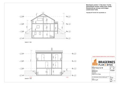Snittegning (Snitt A og B) som viser bygningens tverrsnitt, høyder og konstruksjon.