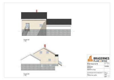 Bildet viser fasadetegninger for en bolig, inkludert 'Fasade Sør' og 'Fasade Øst', med målstørrelse 1:100.