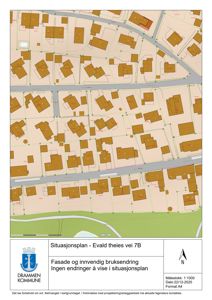 Situasjonsplan som viser bygningsplassering, vegnett og tomtegrenser for 'Evald theies vei 7B'.