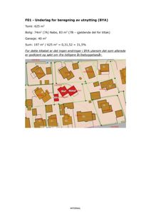 Situasjonsplan som viser tomtegrenser, bebyggelse og utnyttelsesdata for en byggesak.