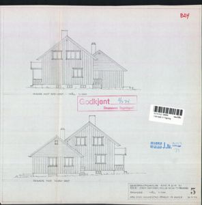 Bildet viser to fasadetegninger av en bolig, en mot syd-vest og en mot nord-øst, med godkjent-stempel.