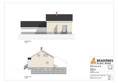 Bildet viser fasadetegninger for en bolig, spesifikt 'Fasade Nord' og 'Fasade Vest', med storskala og detaljeringsgrad.