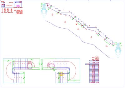 Tegning som viser detaljerte konstruksjoner, sannsynligvis for en trapp eller en rund svingende trapp, med mål og konstruksjonsdetaljer.