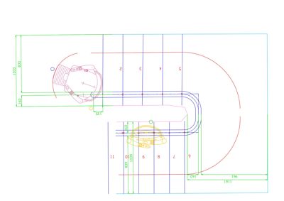 En teknisk detaljtegning som viser en detaljert konstruksjon av en bueformet struktur (sannsynligvis en døråpning eller nisje) med angitte mål og konstruksjonslinjer.