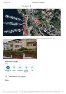 En Google Maps-side som viser en satellittbilde (kart) og et fotografi av bygget Fløenbakken 8B.