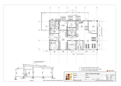 Etasjeplan for en barnehage med romfordeling, dører og vinduer