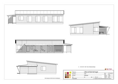 Fasadetegning som viser bygningens utseende fra flere vinkler.