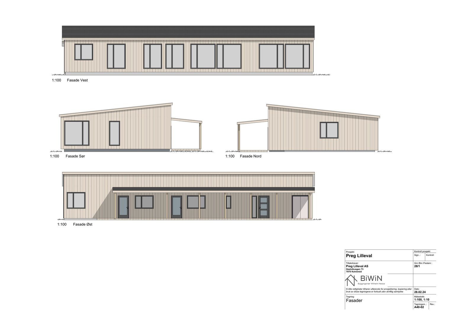 Fasadetegning som viser bygningens utseende fra fire sider (Vest, Sør, Nord, Øst).