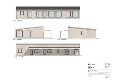 Fasadetegning som viser bygningens utseende fra fire sider (Vest, Sør, Nord, Øst).