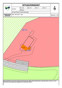 Situasjonskart som viser eiendomsgrenser, naboeiendom (Lilleval Barnehage), og bygningsplassering med målestokk 1:500.