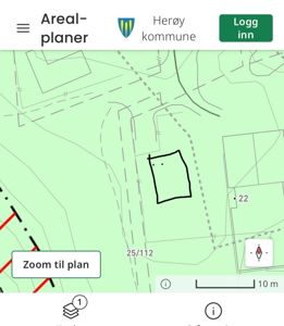 Et digitalt kart fra Herøy kommune som viser et arealplanoverleg, med en markert tomt (25/112) og omgivende infrastruktur.