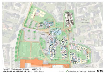 Situasjonsplan med plan 1. etasje for VIK Helse- og omsorgssenter (VHO).