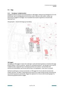 Situasjonsplan som viser eksisterende bygninger (grå) og planlagte tiltak (røde) på en tomt, med arealnummer og byggenavn.
