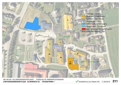 Flyfoto med overlagte farger som viser eksisterende, under bygging og nybyggte anlegg på et område.