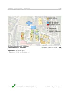 Situasjonsplan som viser eksisterende og planlagte bygninger på tomten, med fargekoding for ulike byggetilstander og etablering av nye bygg.