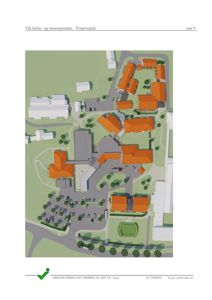 3D-visualisering (rendering) av et forprosjekt for et helse- og omsorgssenter, som viser bygningenes plassering, takform, omgivelser og parkeringsplasser.